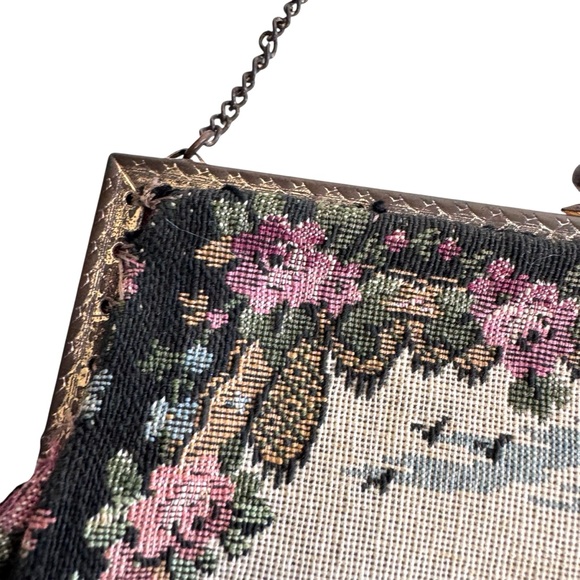 Vintage Tapestry Needlepoint Purse Castle Boat  Turn Closure Satin Lining France - Picture 3 of 8